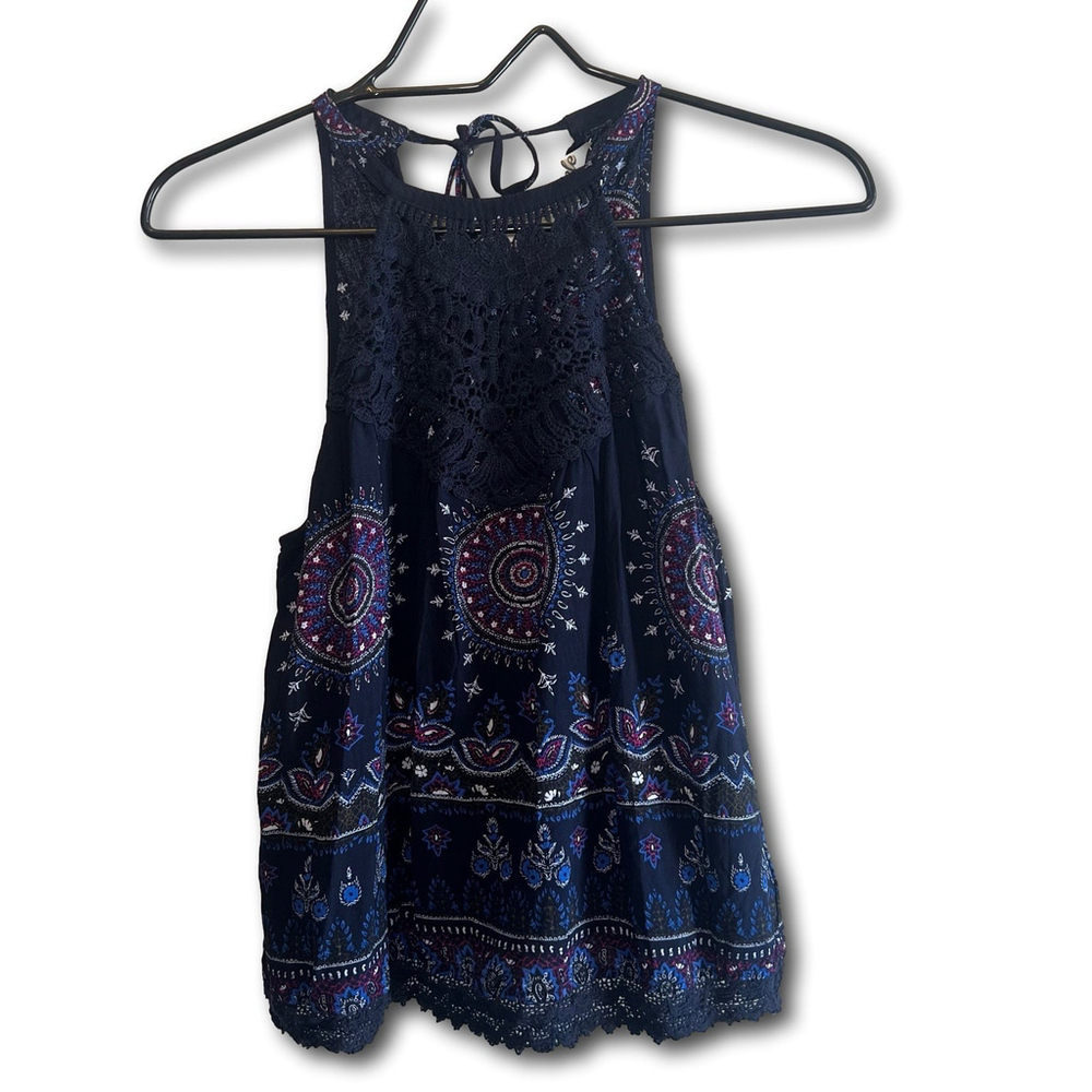 Listicle Sleeveless Blouse Womens Navy Crochet Tank Top Flowy Woman’s Small